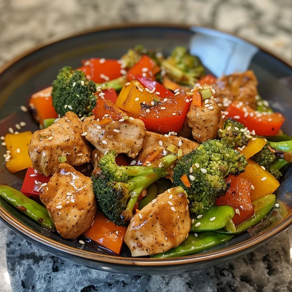 A mouthwatering mix of chicken, carrots, and broccoli in a savory stir-fry dish.