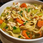 Inviting close-up of Chicken Vegetable Noodle Soup showcasing fresh ingredients and hearty noodles.