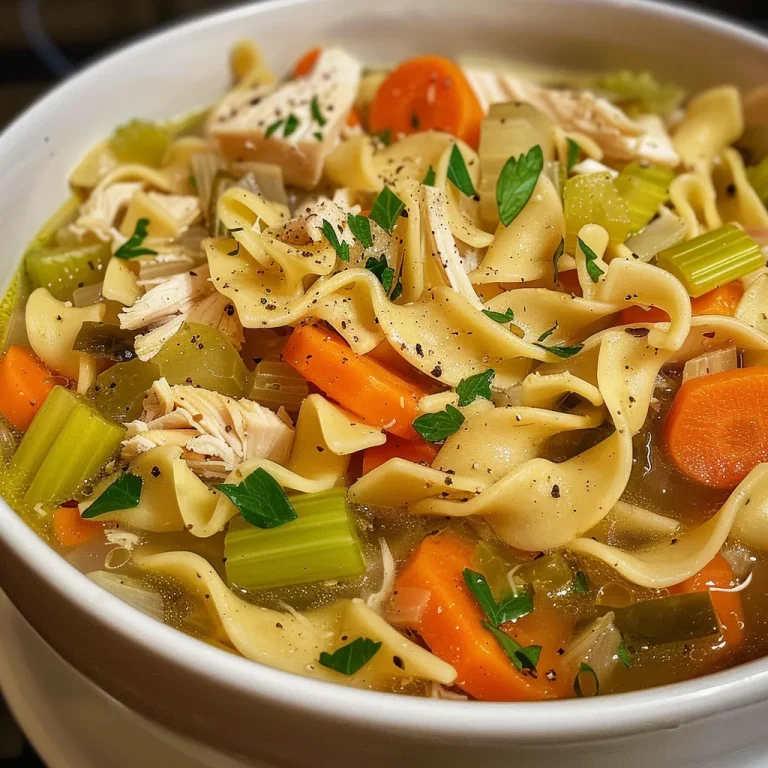 Inviting close-up of Chicken Vegetable Noodle Soup showcasing fresh ingredients and hearty noodles.