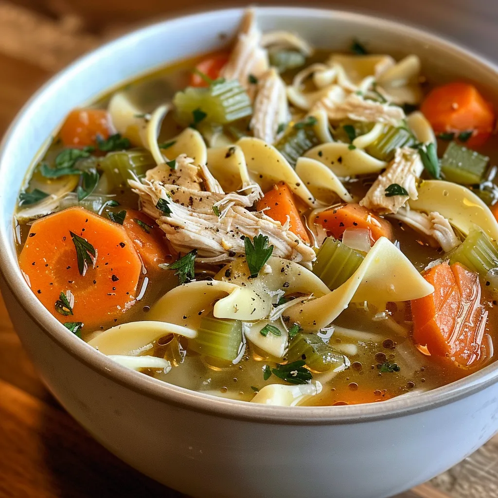 Detailed image of a bowl of Chicken Vegetable Noodle Soup, highlighting the broth, vegetables, and noodles.