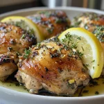 Side view of a mouthwatering chicken breast drizzled with olive oil and herbs.