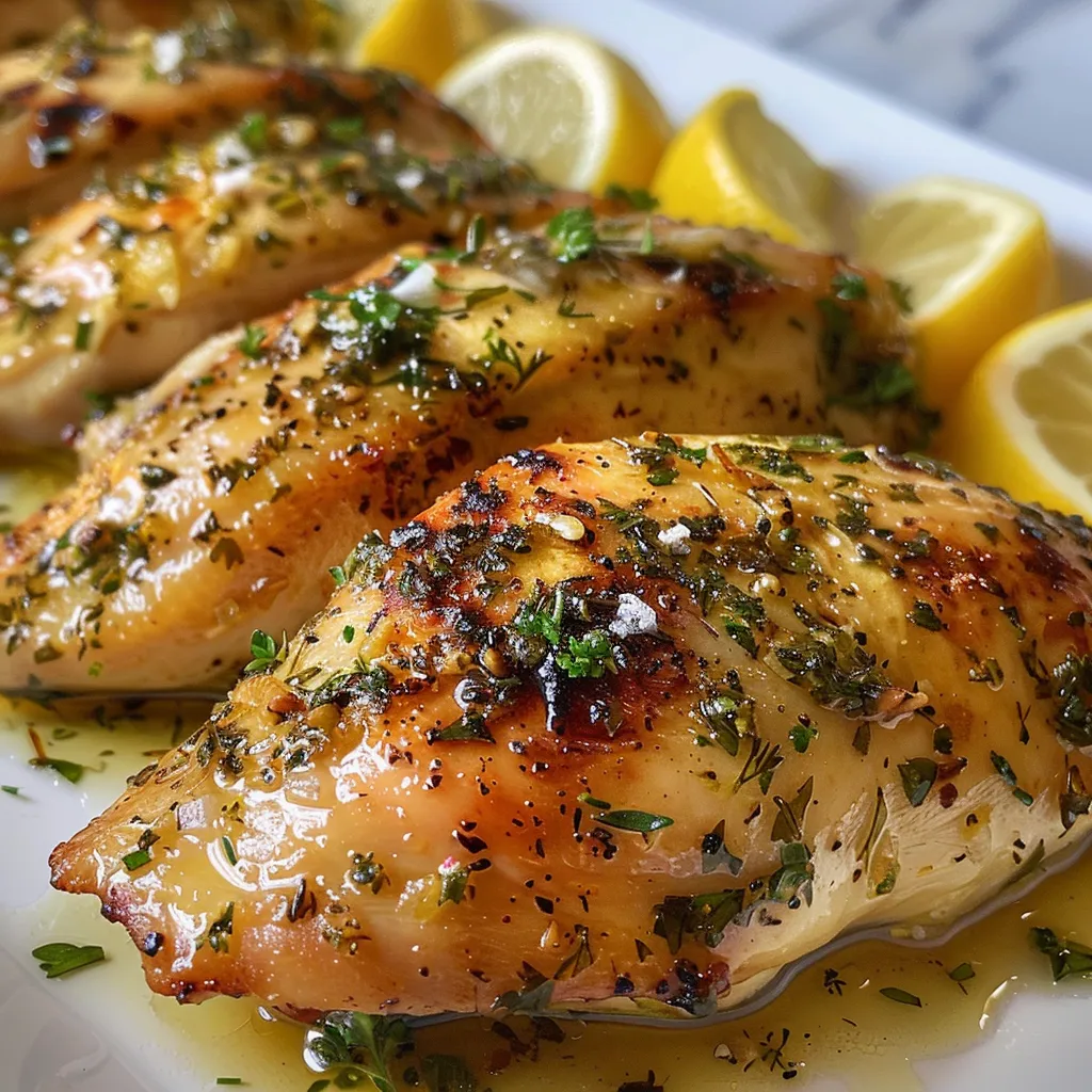 Tender chicken breast with a bright lemon and herb flavor, displayed on a wooden table.