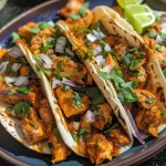 Detailed shot of Chipotle Chicken Tacos featuring chicken, onions, and lime wedges.