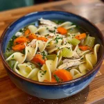 Detailed image of chicken noodle soup served in a bowl, featuring egg noodles and garnished with parsley.