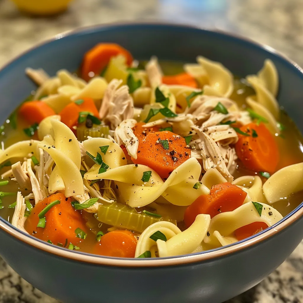 Freshly made chicken noodle soup with tender chicken and vegetables, captured with warm lighting.