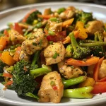 Juicy chicken stir fry with vibrant vegetables, captured from a side angle.
