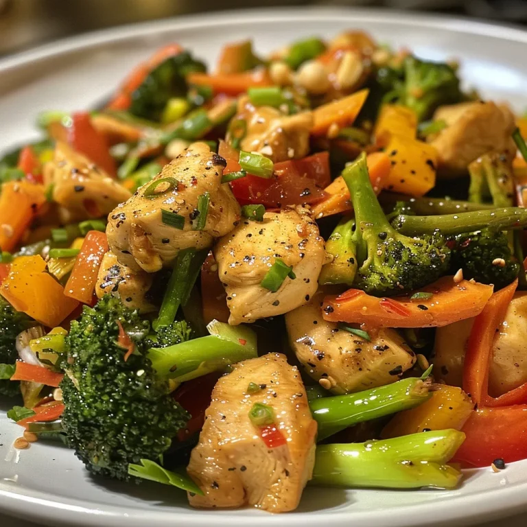 Juicy chicken stir fry with vibrant vegetables, captured from a side angle.