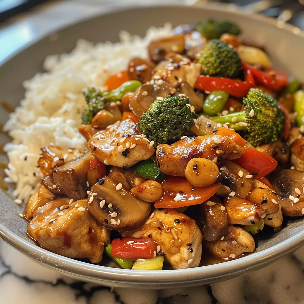 Fresh chicken veggie stir fry displayed in a bowl, showing rich colors and textures.