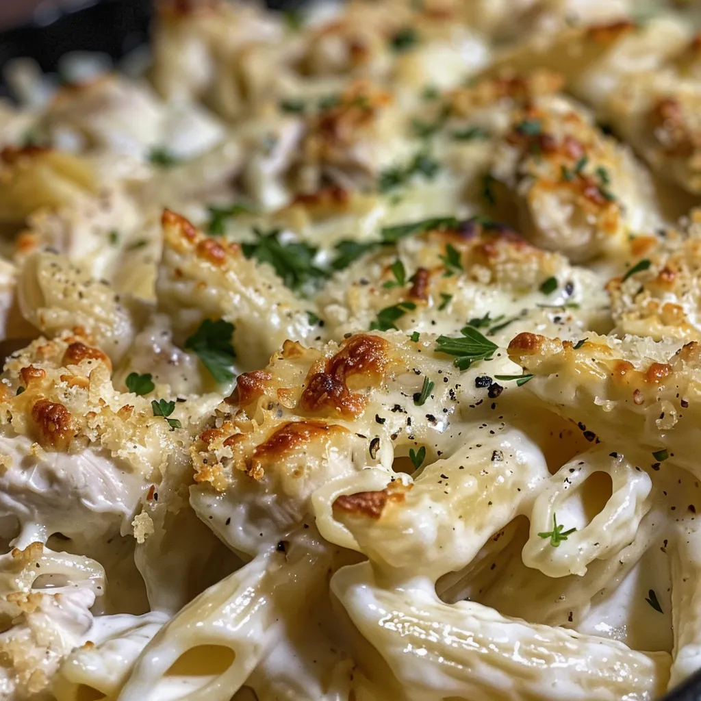 Juicy chicken Alfredo casserole with bubbling cheese and herbs.