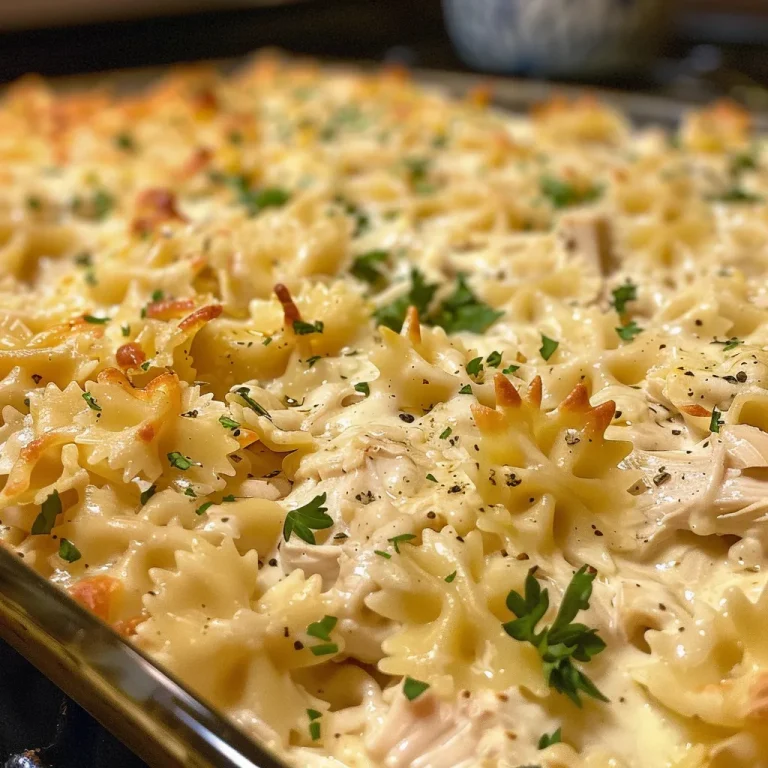 Deliciously creamy chicken Alfredo casserole dish, garnished with parsley and showcasing pasta and chicken.