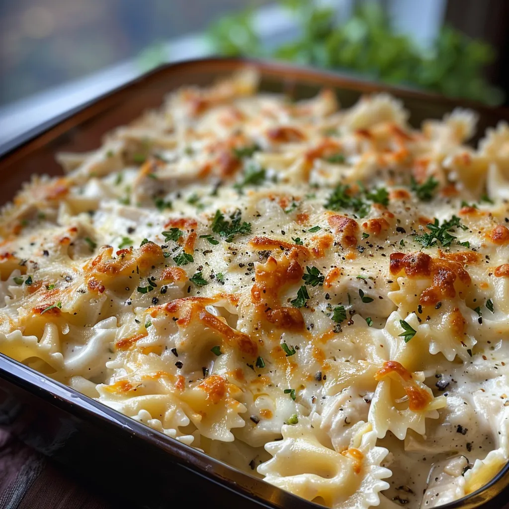 A tempting slice of chicken Alfredo casserole with layers of pasta, chicken, and a rich sauce.