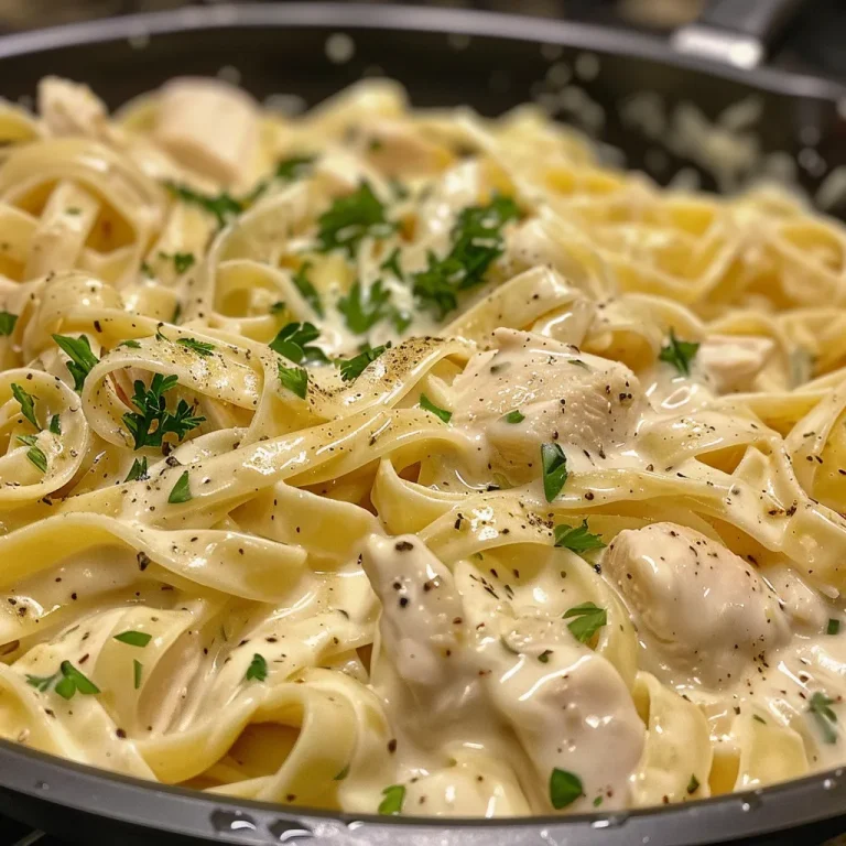 Side view of a serving of creamy garlic butter chicken pasta, revealing juicy chicken and garlic flavors.
