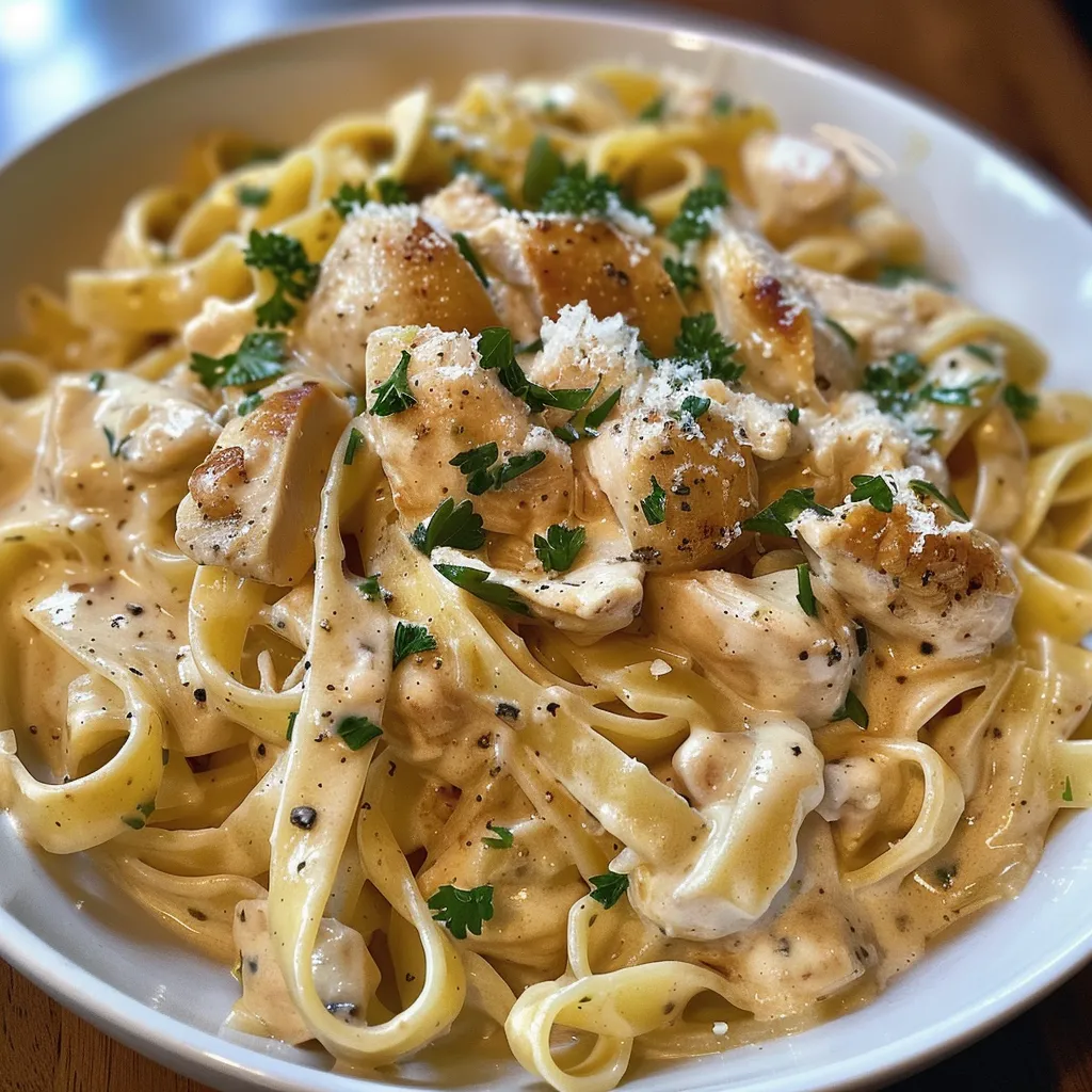 Close-up shot of pasta dish showcasing chicken, creamy sauce, and fresh herbs.