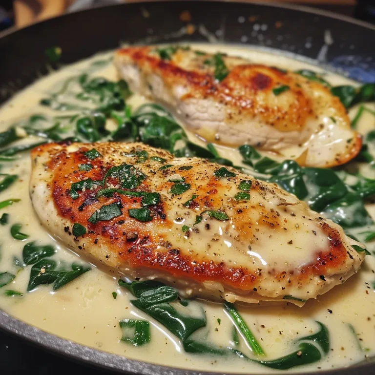 A Culinary Adventure: Discovering Creamy Spinach Chicken and Its Whimsical Flavors Side view of a plate featuring creamy spinach chicken, highlighting its texture and color.