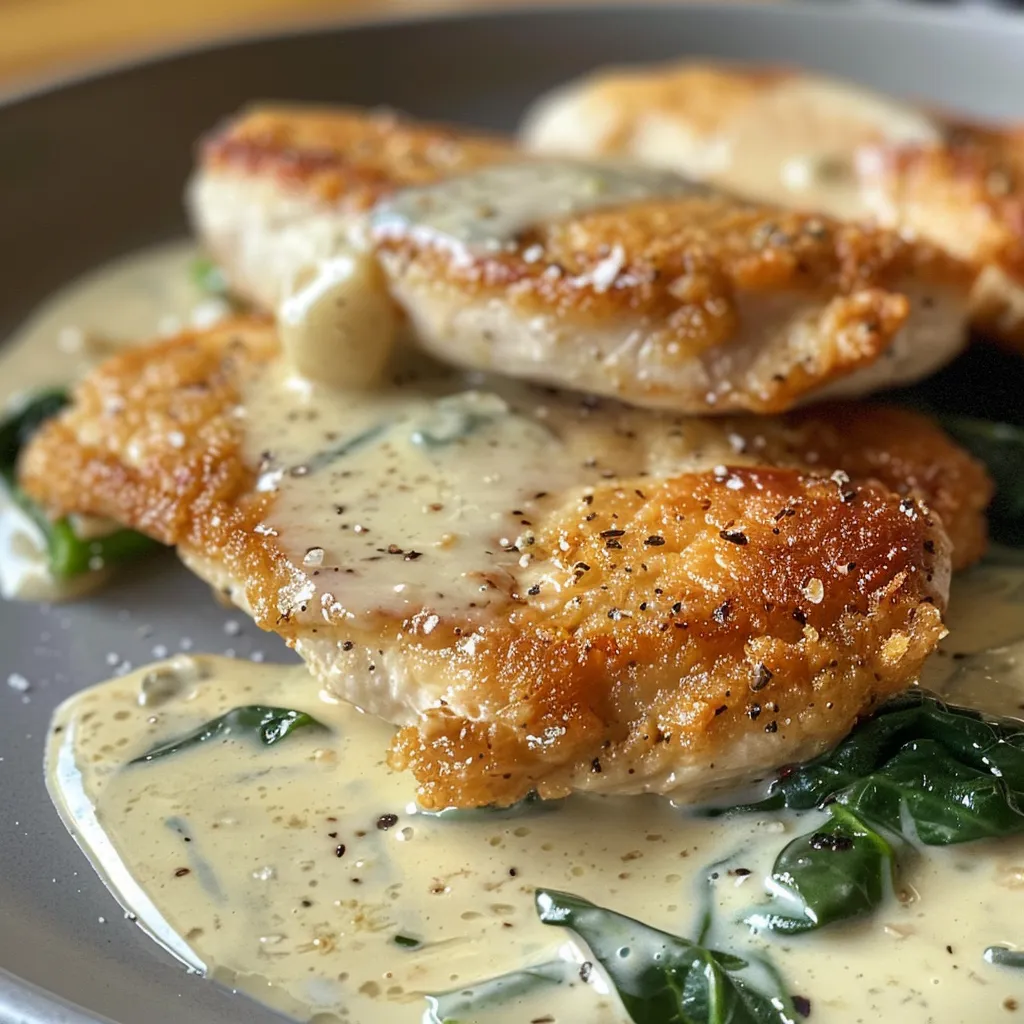 Focused shot of savory creamy spinach chicken, garnished with spinach and garlic.