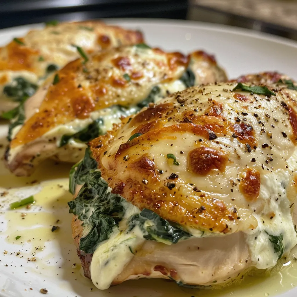 Juicy Chicken breast stuffed with creamy spinach and cheese, captured in profile.