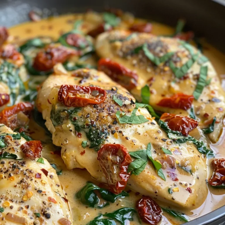 Side view of a delicious creamy chicken dish featuring sun-dried tomatoes and grated Parmesan.