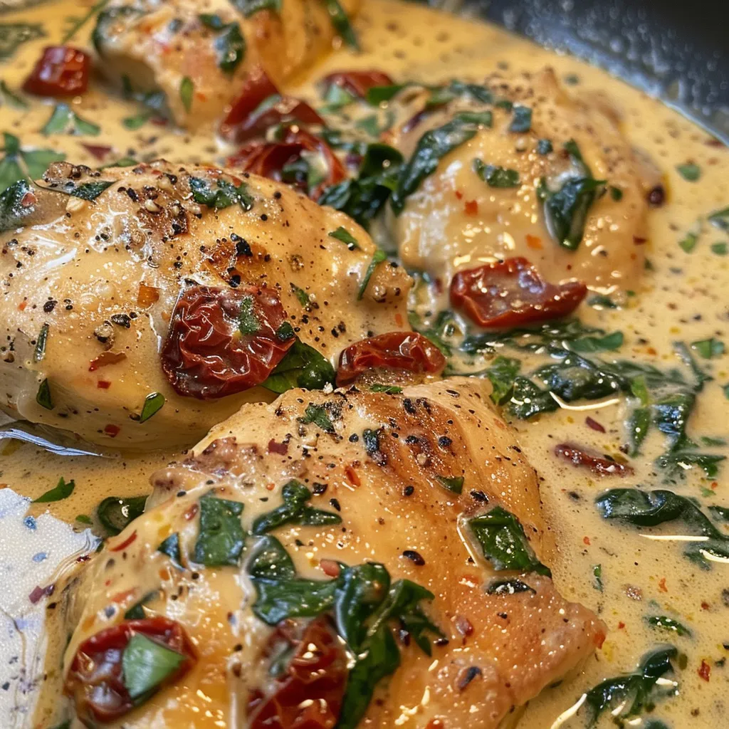 Textured image showcasing chicken cooked in a creamy sun-dried tomato sauce.