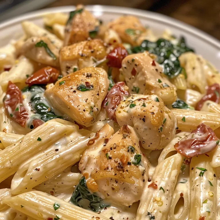 Juicy Tuscan chicken pasta with sun-dried tomatoes and fresh spinach, served in a white bowl.