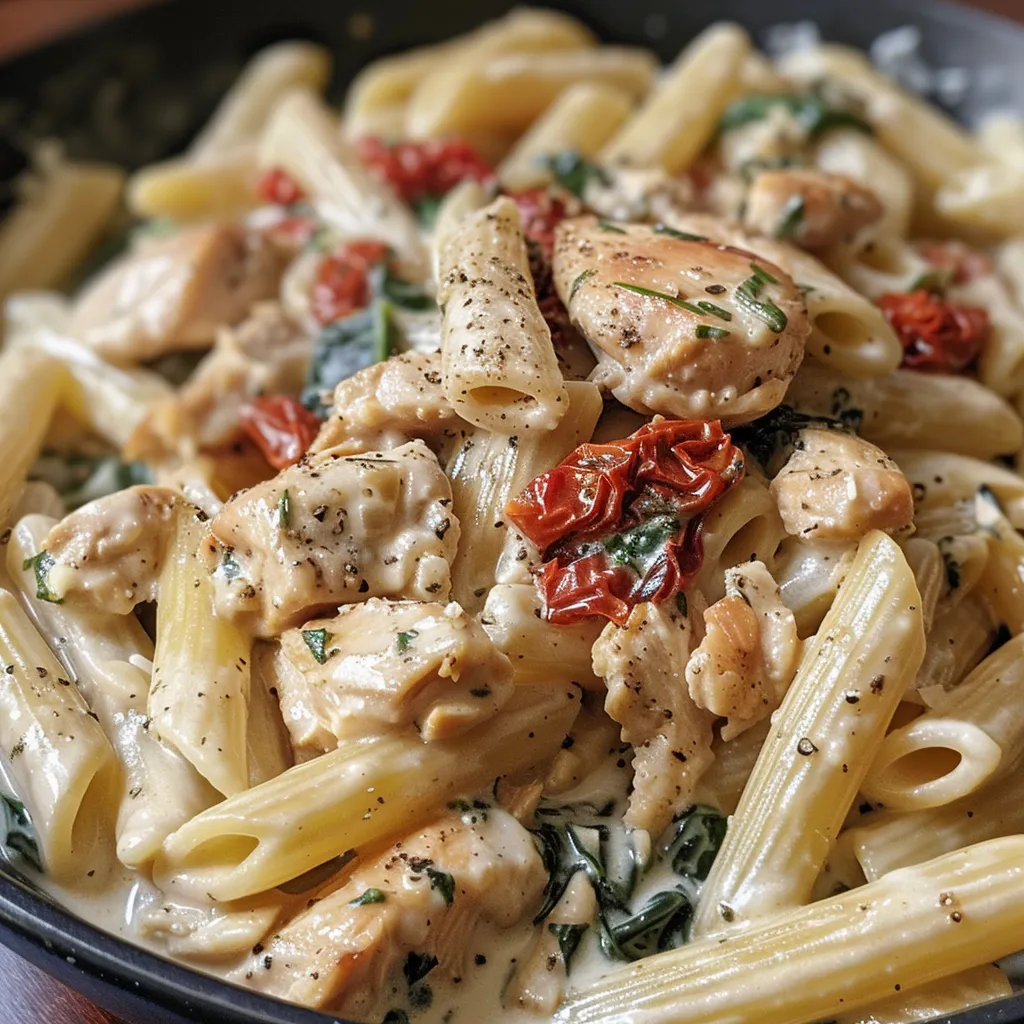 Detailed image of creamy pasta with chunks of chicken and colorful toppings.