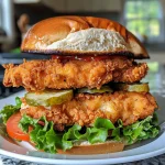 Delicious crispy chicken sandwich featuring fried chicken, vegetables, and sauce.