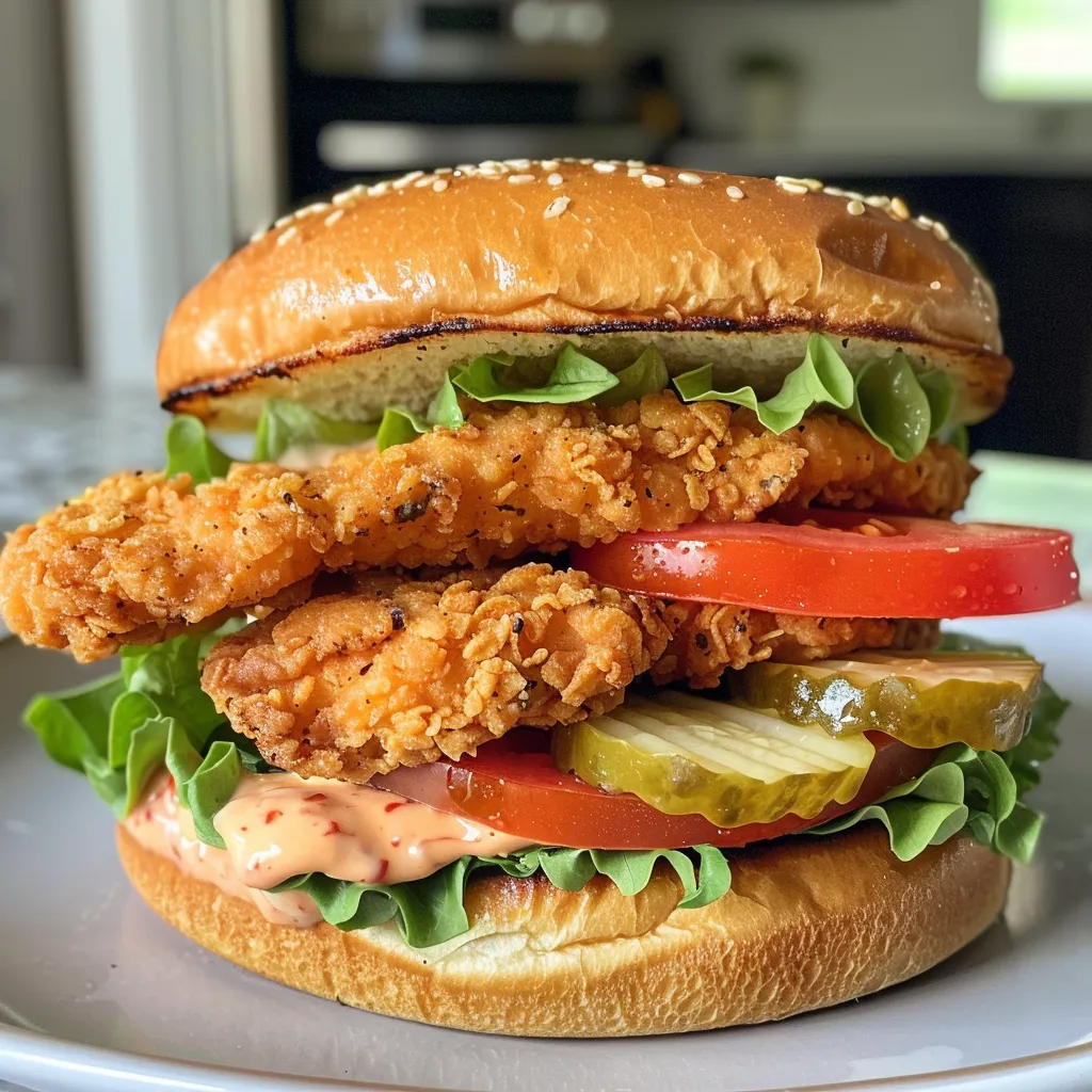 Appetizing engagement shot of a chicken sandwich with toppings, designed for Instagram.