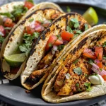 Side view of delicious tacos filled with crispy chicken and fresh vegetables.