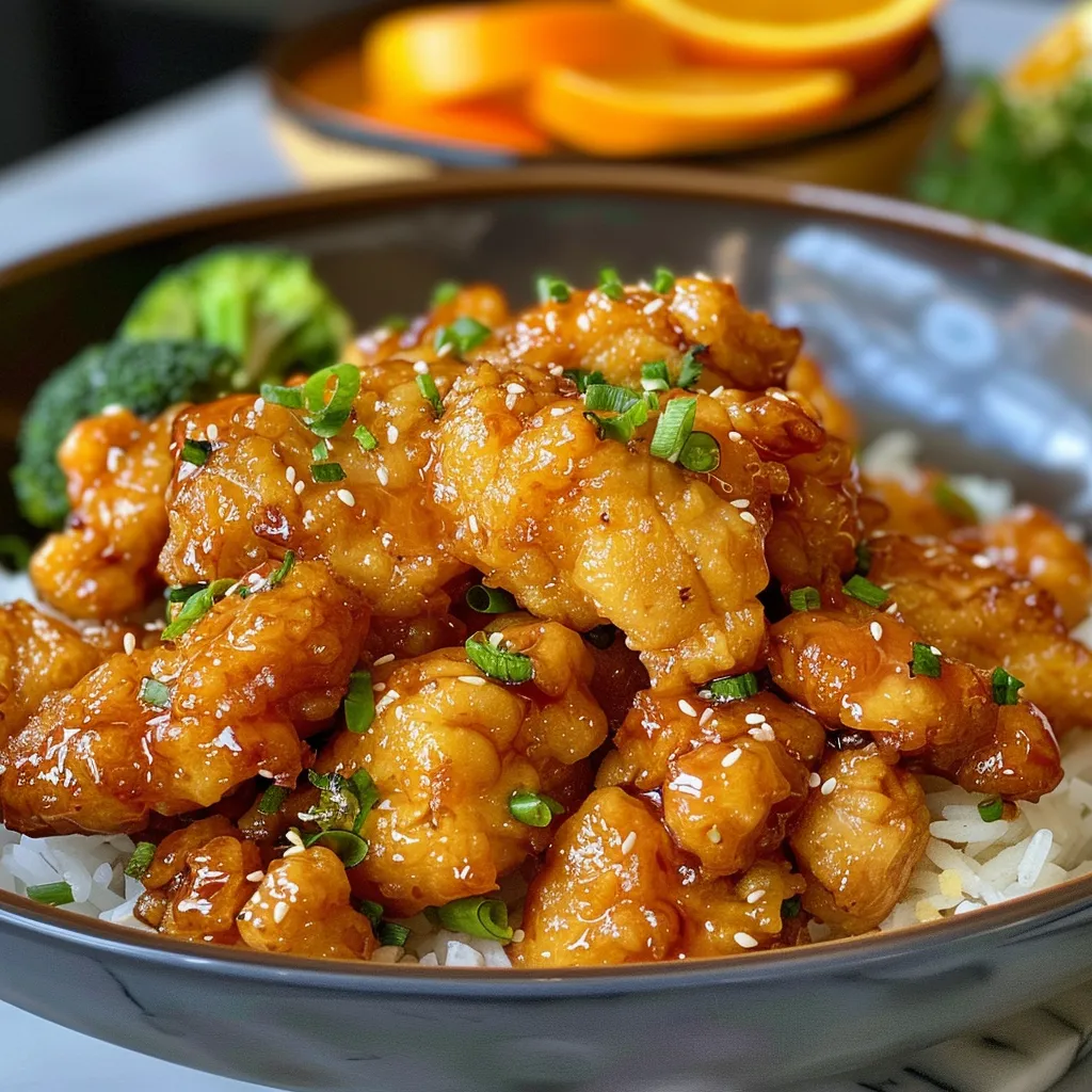 Fried orange chicken pieces, crispy and golden, displayed with a drizzle of sauce.