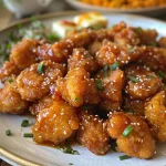 Detailed shot of fried chicken garnished with honey butter sauce and spices.