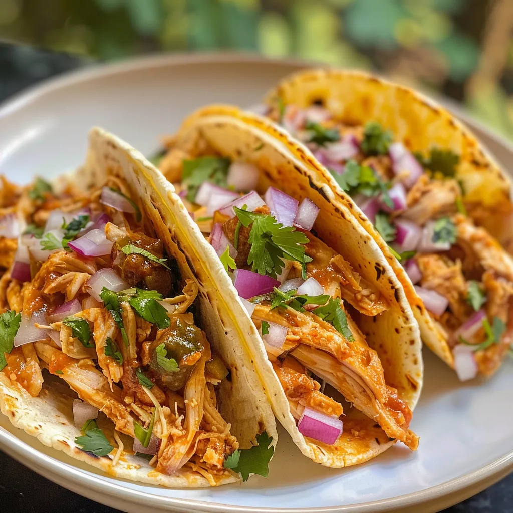 Crispy chicken tacos topped with diced onions and cilantro, served on a rustic plate.