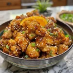 Bite-sized crispy orange chicken served with a drizzle of sticky sauce and garnished with sesame seeds.