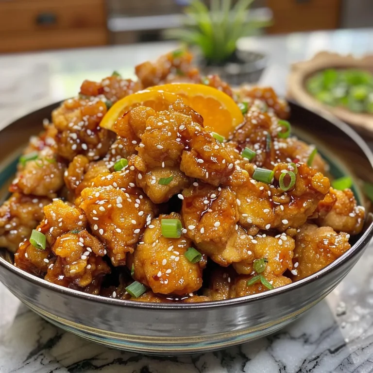 Bite-sized crispy orange chicken served with a drizzle of sticky sauce and garnished with sesame seeds.