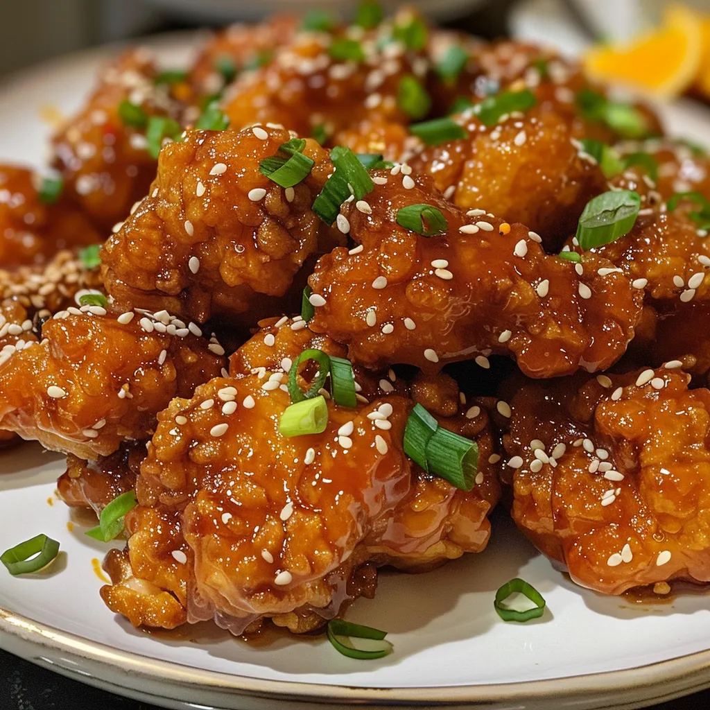Side view of succulent orange chicken pieces, highlighting the crispy texture and vibrant color of the sauce.