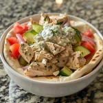 Detailed look at a stuffed pita showcasing Greek chicken and vibrant toppings.