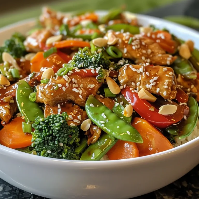 A side view of a delicious stir-fry featuring chicken, snow peas, and sesame seeds.