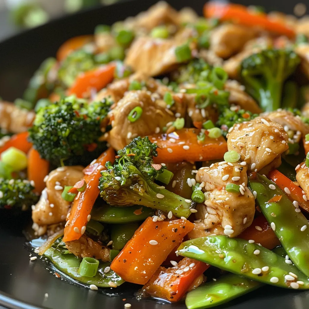 Freshly cooked stir-fry with tender chicken and assorted vegetables garnished with green onions.