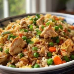 Juicy chicken fried rice displayed in a bowl, showcasing ingredients like peas and carrots.