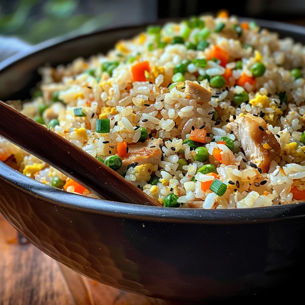 Detailed shot of chicken fried rice topped with green onions and garnished with sesame oil.