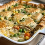 A delicious-looking chicken pot pie casserole with a crispy topping, revealing chunks of chicken and mixed vegetables inside.