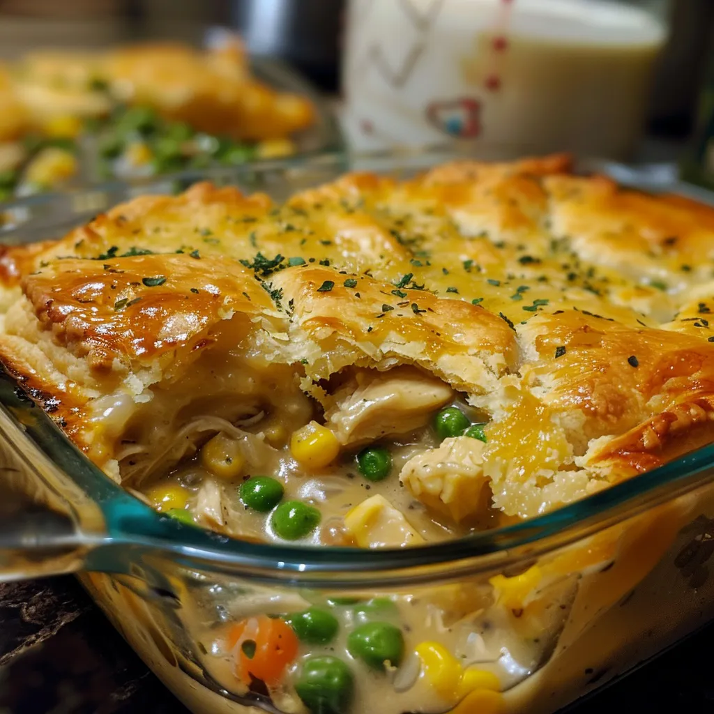 Close-up image of a chicken pot pie casserole, highlighting the rich filling and golden-brown biscuit dough on top.