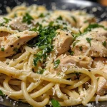 Delicious garlic butter chicken pasta, showcasing strands of pasta, chicken, and sauce.