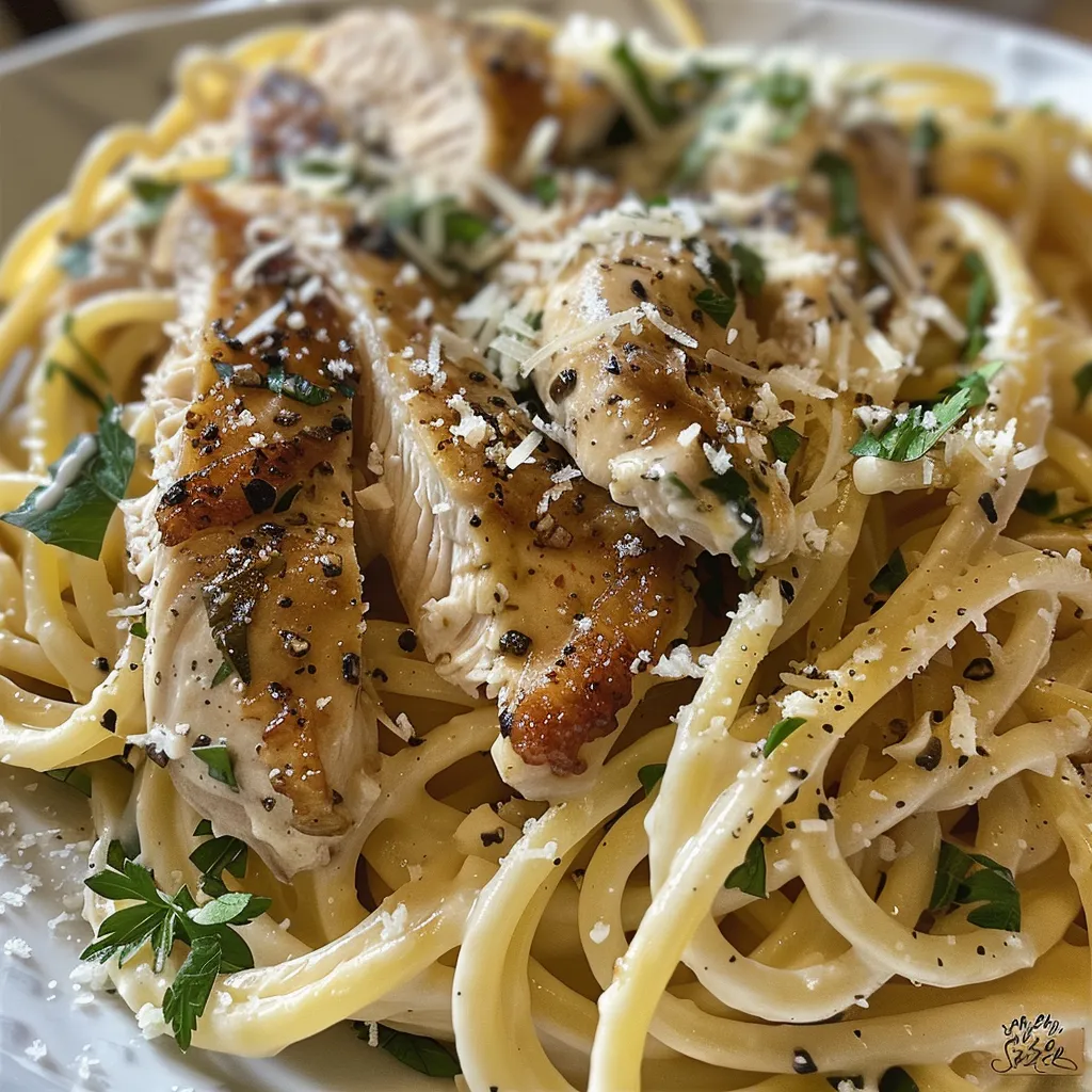 Side view of vibrant garlic butter chicken pasta with melted cheese and fresh parsley.