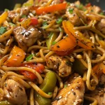Side view of a serving of Garlic Chicken Lo Mein highlighting its textures.