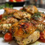 Savory chicken thighs with a crispy skin, surrounded by halved cherry tomatoes and herbs.