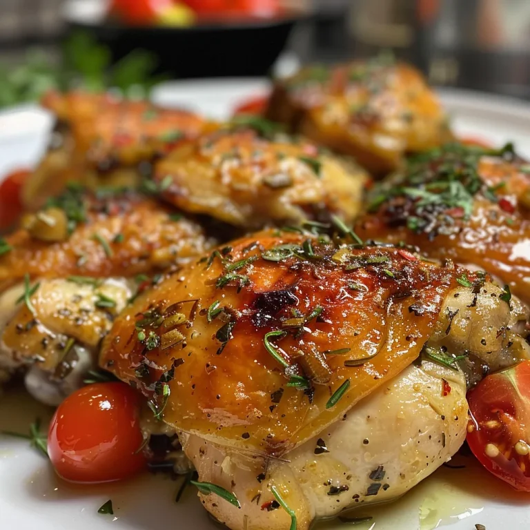 Savory chicken thighs with a crispy skin, surrounded by halved cherry tomatoes and herbs.