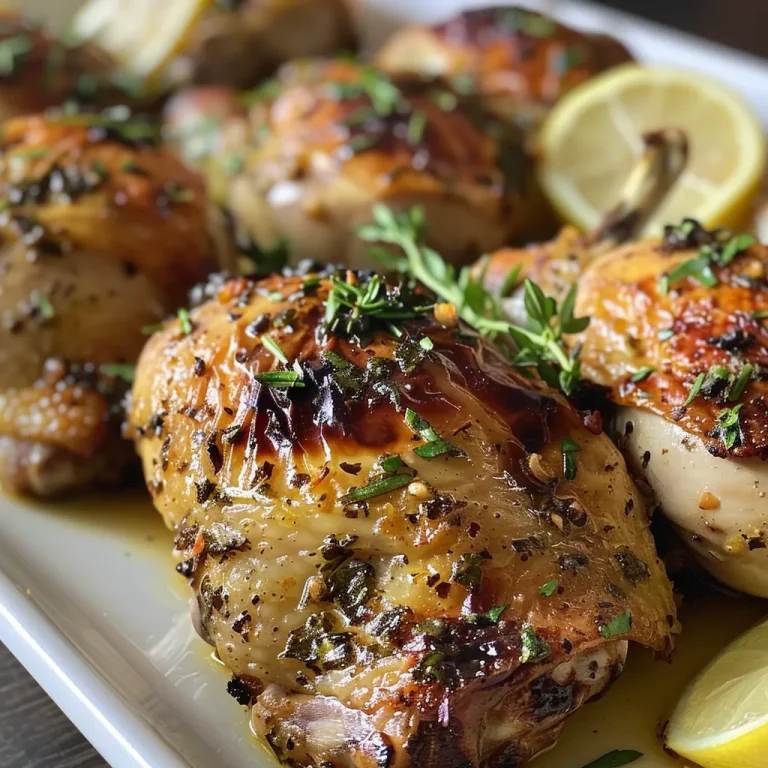 Side view of roasted chicken thighs with golden skin, displaying garlic and herb seasoning.