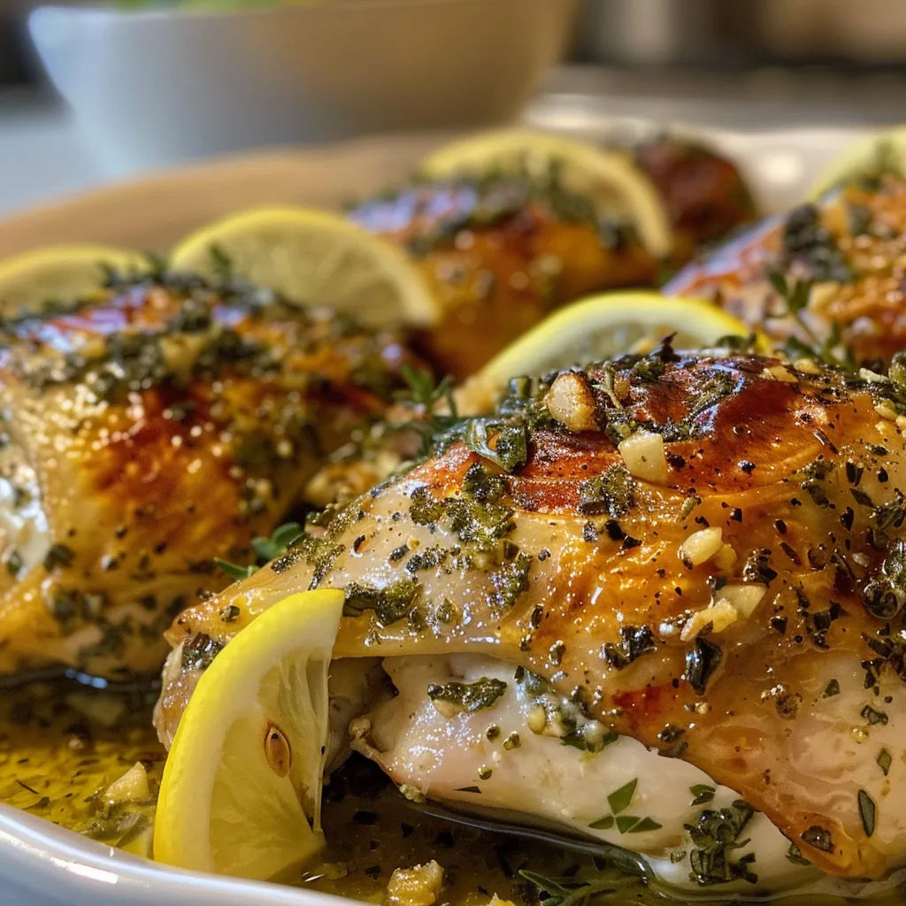 A delicious serving of roasted chicken thighs, showcasing their crispy skin and garlic aroma.