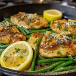 Juicy chicken breasts cooked in garlic lemon butter, garnished with sliced lemon and green beans.