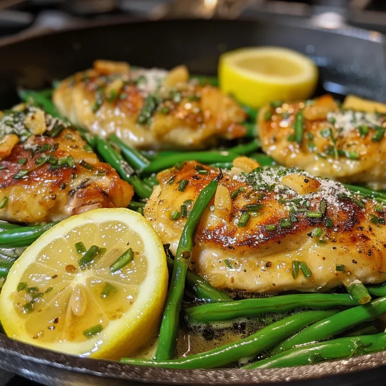 Juicy chicken breasts cooked in garlic lemon butter, garnished with sliced lemon and green beans.