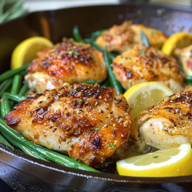 A vibrant skillet meal featuring chicken, green beans, and a buttery garlic sauce.